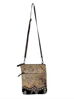 Myra Bag Tooled Embossed Leather Cowhide Detail Crossbody Purse in Tan